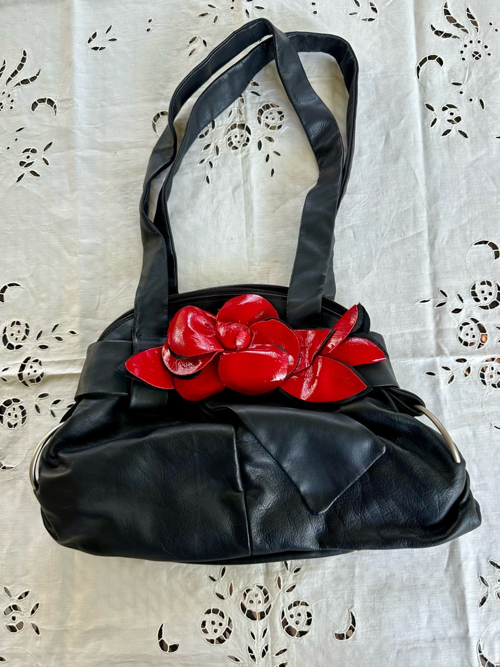 Renato Angi Black Shoulder Bag with Red Flower And Mirror